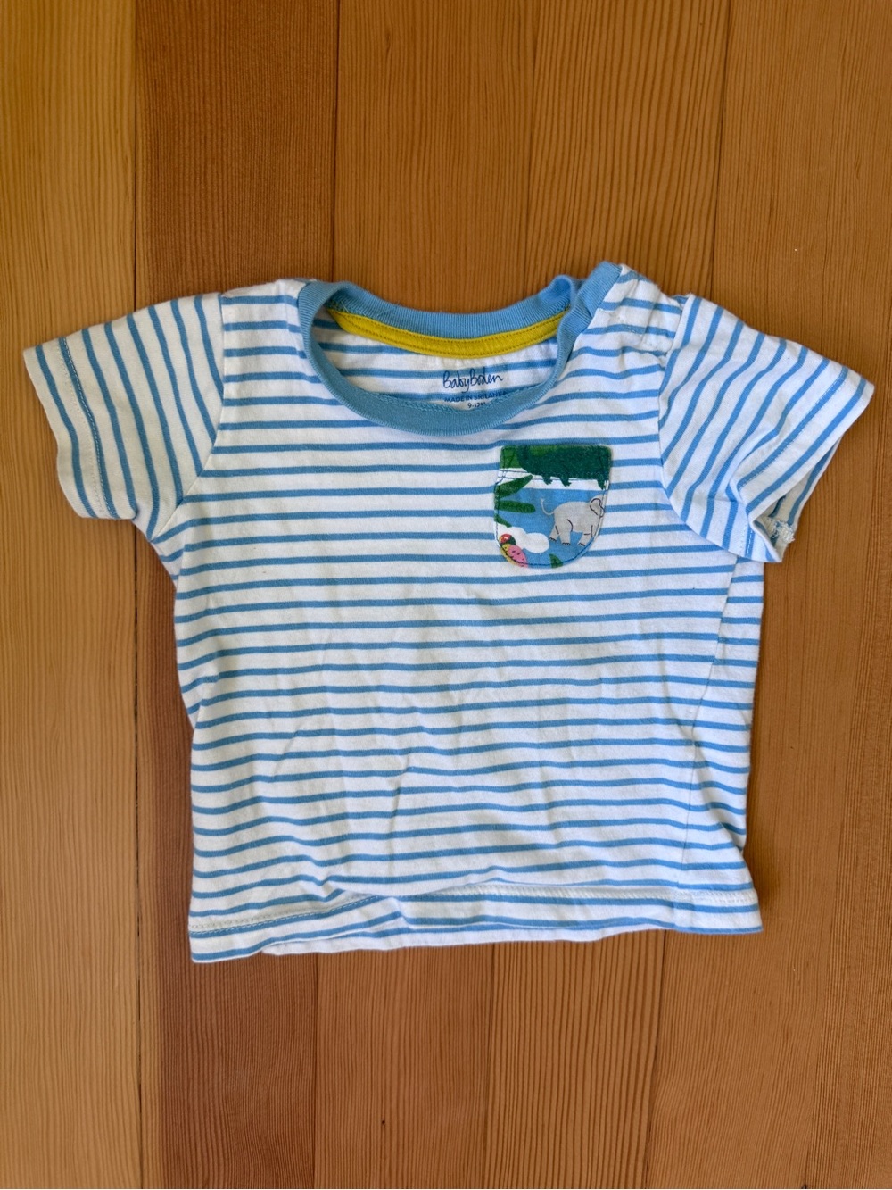 Baby Boden Light Blue & White Striped Tee with Pocket Patch 9-12m